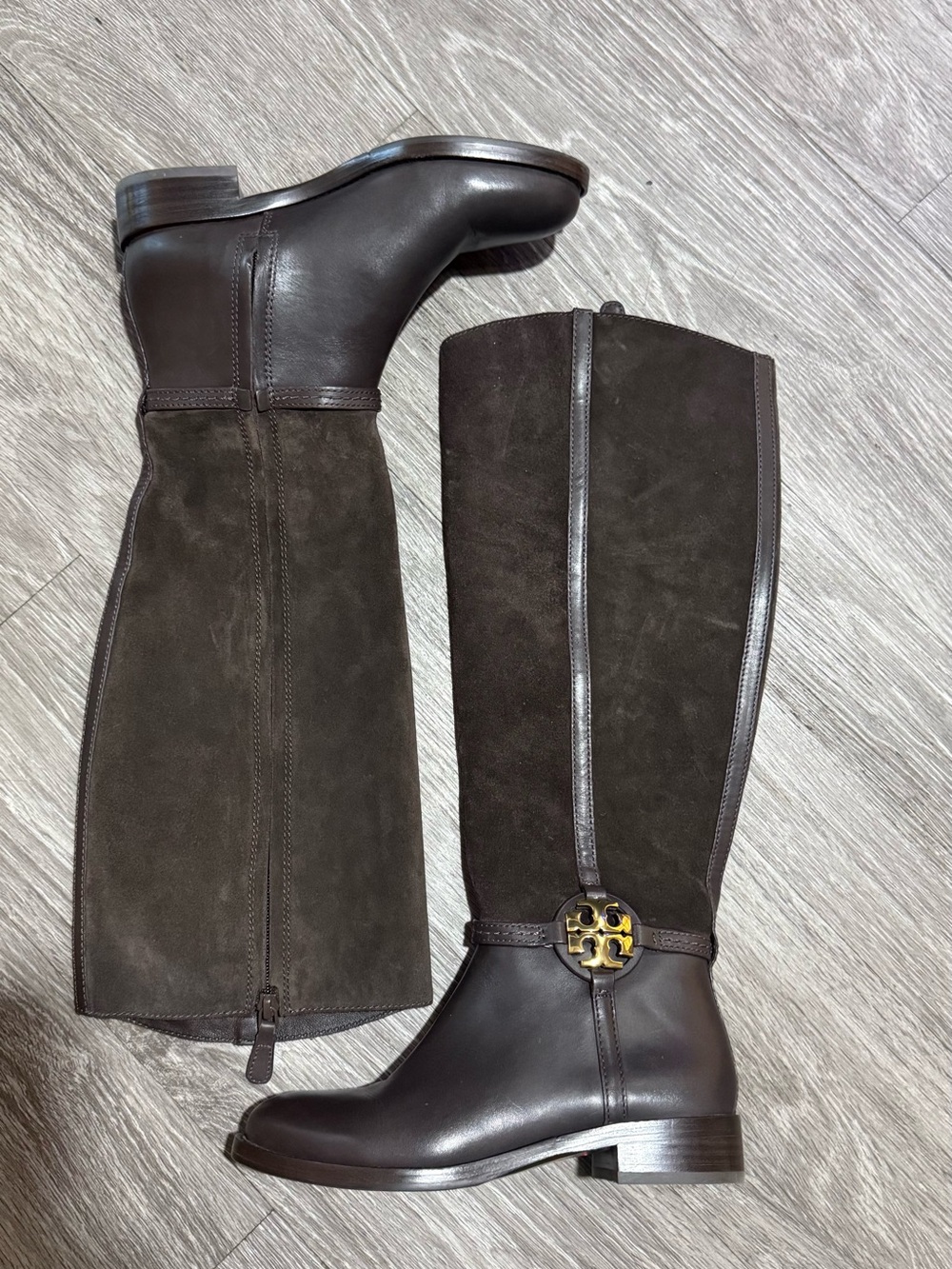 Tory Burch Miller 25MM Dark Brown Leather & Suede Tall Boots with Gold Logo